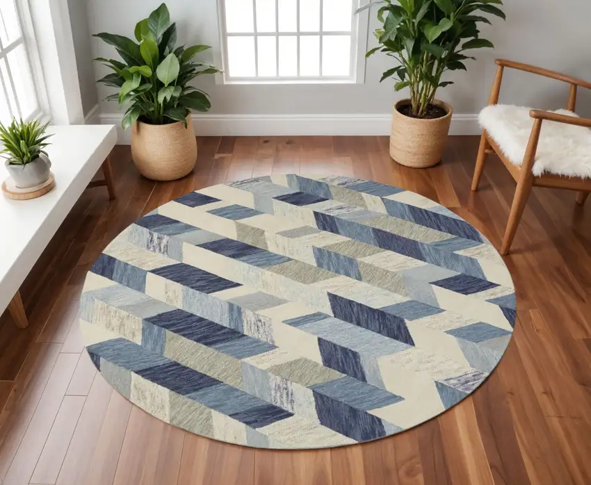 8' Blue Ivory And Gray Round Wool Geometric Tufted Handmade Area Rug Photo 1