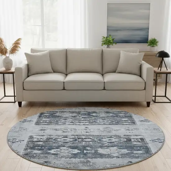 8' Blue Ivory And Gray Southwestern Washable Round Rug With UV Protection Photo 2
