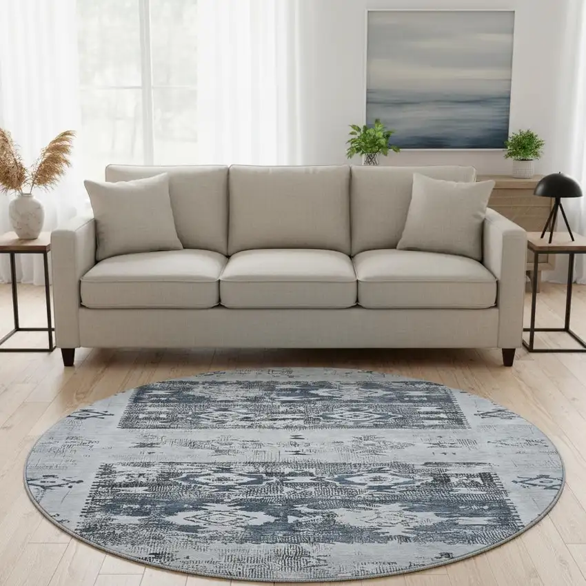 8' Blue Ivory And Gray Southwestern Washable Round Rug With UV Protection Photo 2