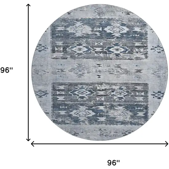 8' Blue Ivory And Gray Southwestern Washable Round Rug With UV Protection Photo 9