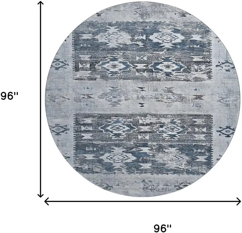 8' Blue Ivory And Gray Southwestern Washable Round Rug With UV Protection Photo 9