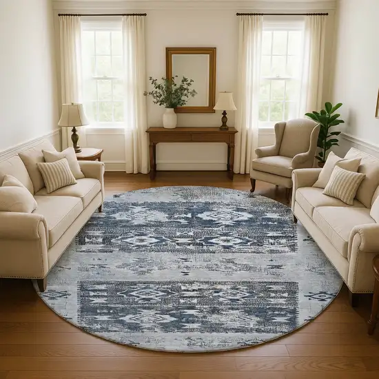8' Blue Ivory And Gray Southwestern Washable Round Rug With UV Protection Photo 4