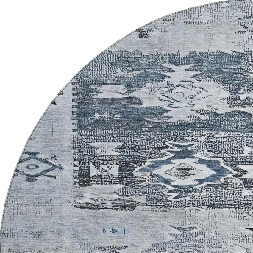 8' Blue Ivory And Gray Southwestern Washable Round Rug With UV Protection Photo 3