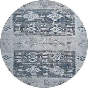 Photo of 8' Blue Ivory And Gray Southwestern Washable Round Rug With UV Protection