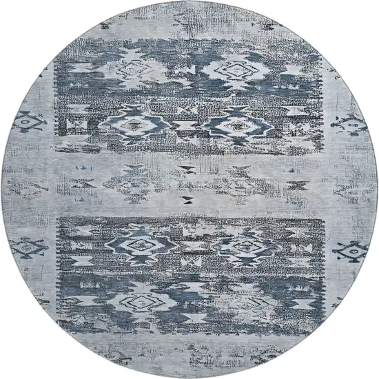 8' Blue Ivory And Gray Southwestern Washable Round Rug With UV Protection Photo 1