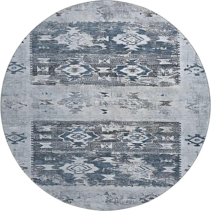 8' Blue Ivory And Gray Southwestern Washable Round Rug With UV Protection Photo 1
