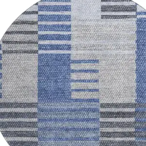 Photo of 8' Blue Ivory And Gray Striped Washable Round Rug With UV Protection