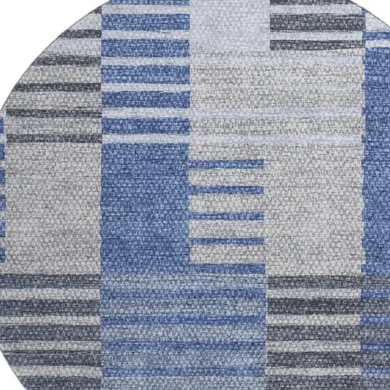 8' Blue Ivory And Gray Striped Washable Round Rug With UV Protection Photo 4