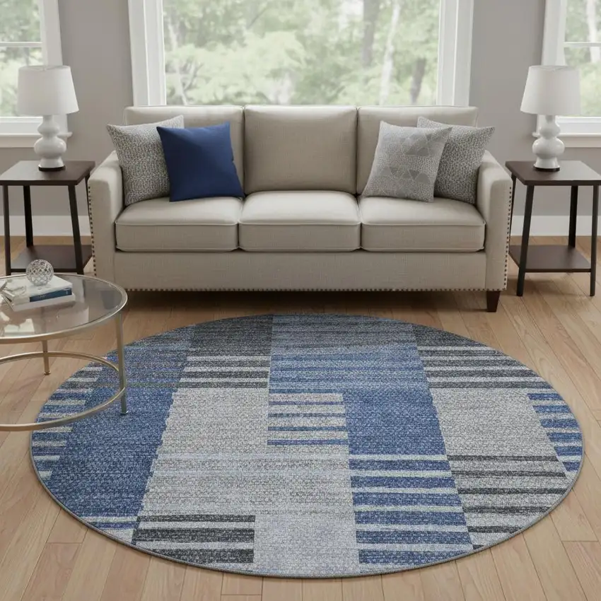 8' Blue Ivory And Gray Striped Washable Round Rug With UV Protection Photo 2
