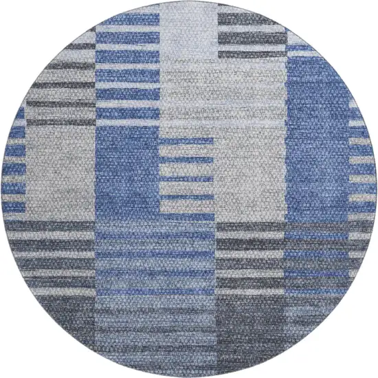 8' Blue Ivory And Gray Striped Washable Round Rug With UV Protection Photo 1