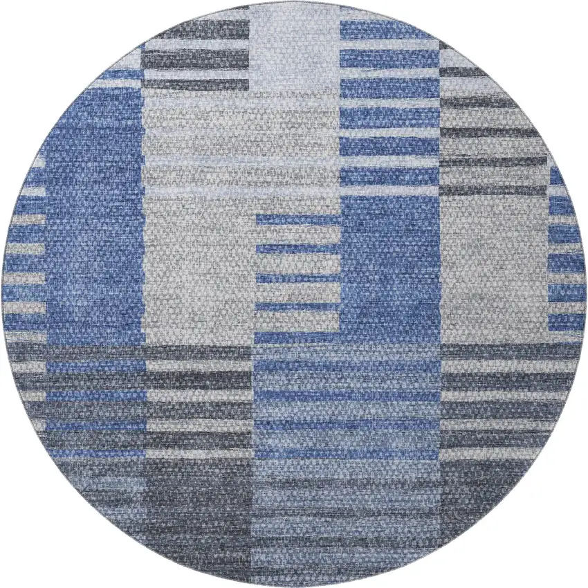8' Blue Ivory And Gray Striped Washable Round Rug With UV Protection Photo 3