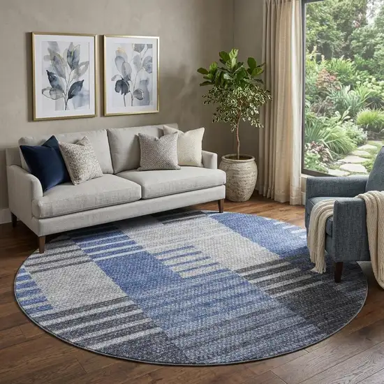 8' Blue Ivory And Gray Striped Washable Round Rug With UV Protection Photo 1