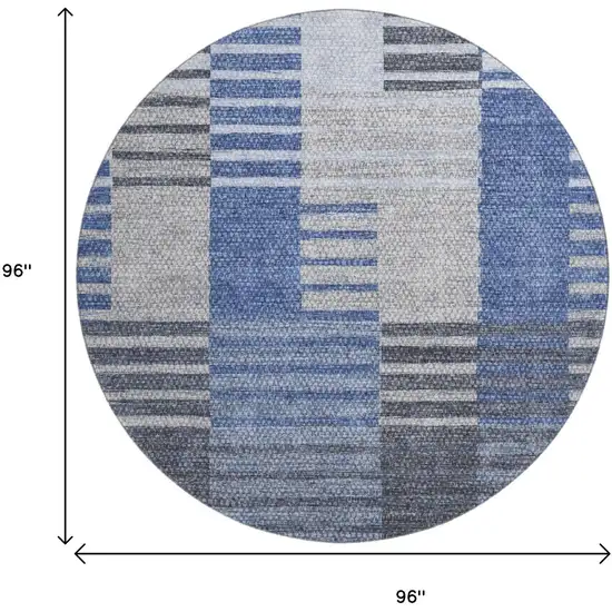 8' Blue Ivory And Gray Striped Washable Round Rug With UV Protection Photo 6