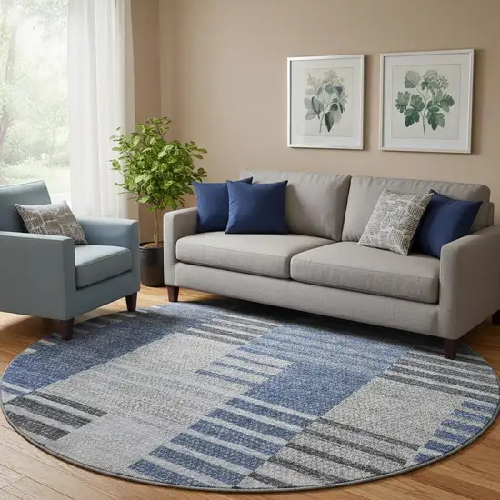 8' Blue Ivory And Gray Striped Washable Round Rug With UV Protection Photo 1