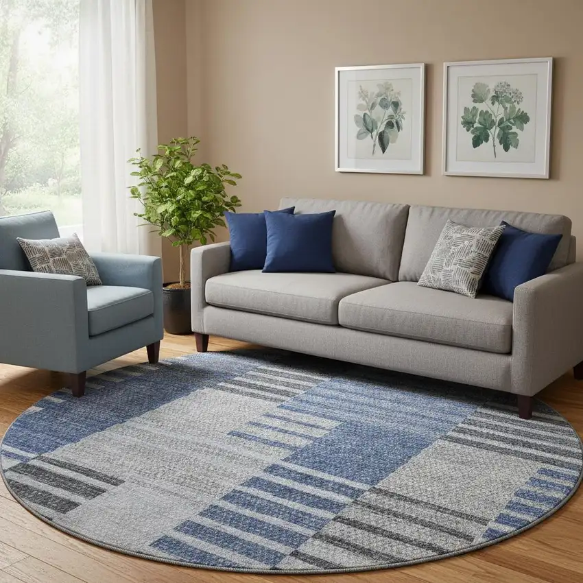 8' Blue Ivory And Gray Striped Washable Round Rug With UV Protection Photo 1