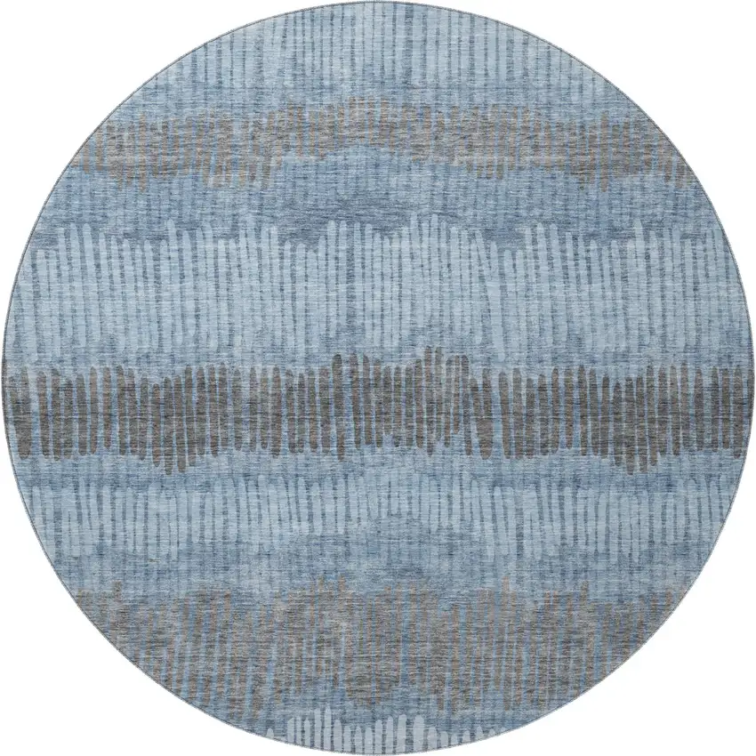 8' Blue Ivory And Gray Striped Washable Round Rug With UV Protection Photo 4