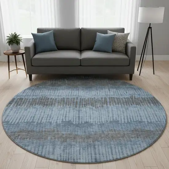 8' Blue Ivory And Gray Striped Washable Round Rug With UV Protection Photo 2