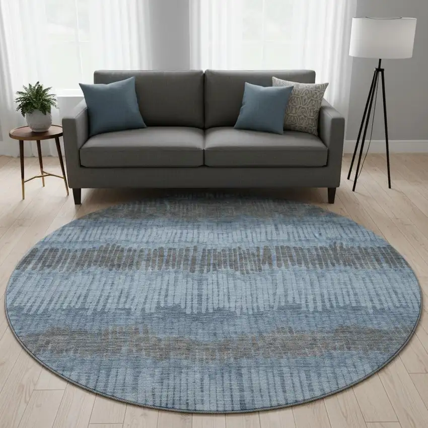 8' Blue Ivory And Gray Striped Washable Round Rug With UV Protection Photo 2