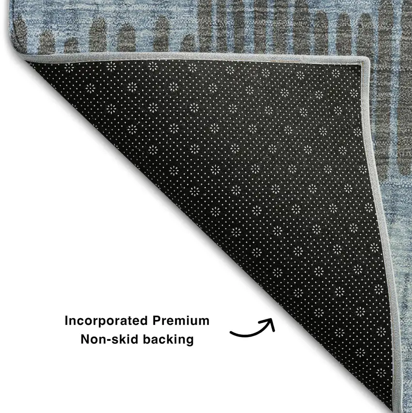 8' Blue Ivory And Gray Striped Washable Round Rug With UV Protection Photo 6