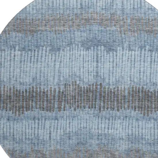 8' Blue Ivory And Gray Striped Washable Round Rug With UV Protection Photo 3