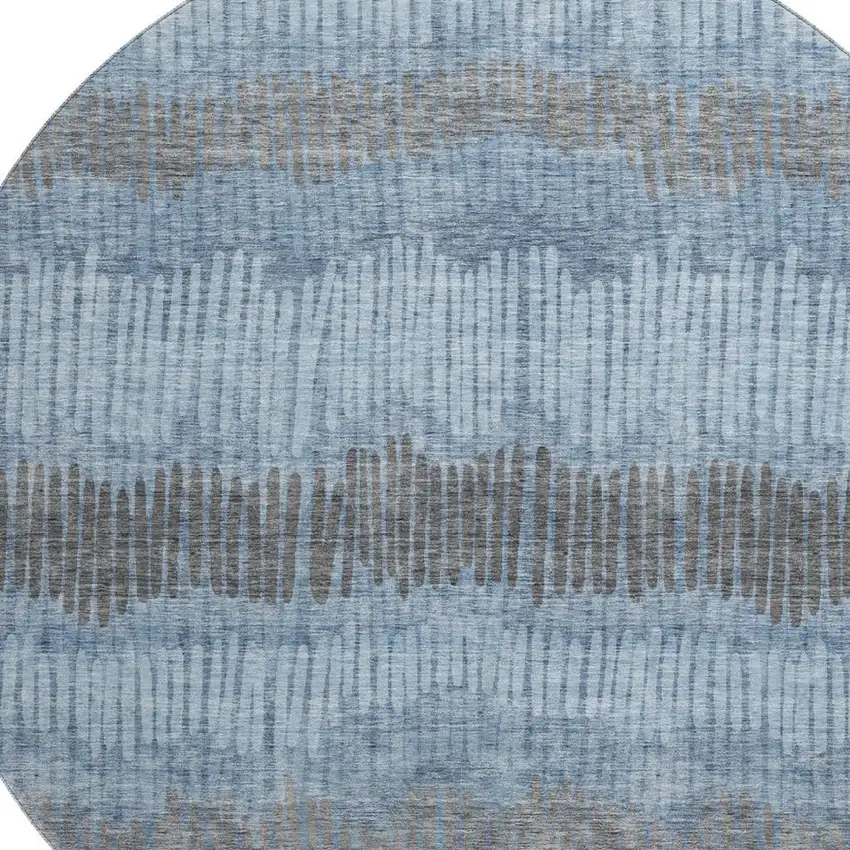 8' Blue Ivory And Gray Striped Washable Round Rug With UV Protection Photo 3