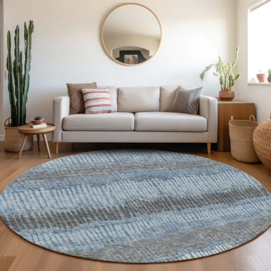 8' Blue Ivory And Gray Striped Washable Round Rug With UV Protection Photo 5