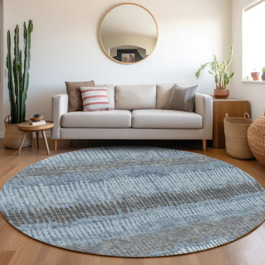 8' Blue Ivory And Gray Striped Washable Round Rug With UV Protection Photo 5