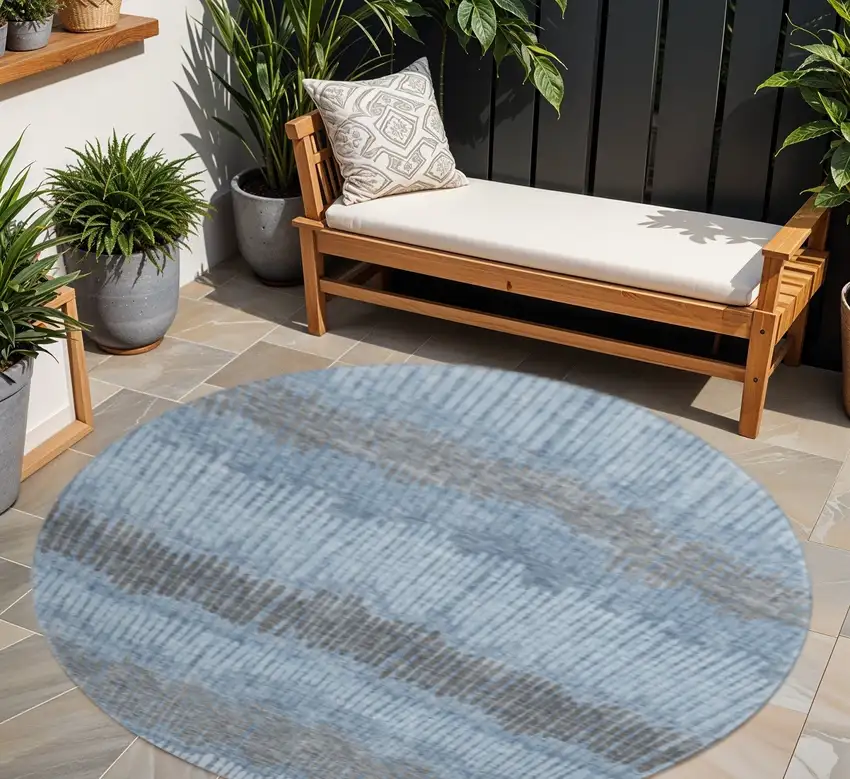 8' Blue Ivory And Gray Striped Washable Round Rug With UV Protection Photo 1