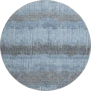 Photo of 8' Blue Ivory And Gray Striped Washable Round Rug With UV Protection