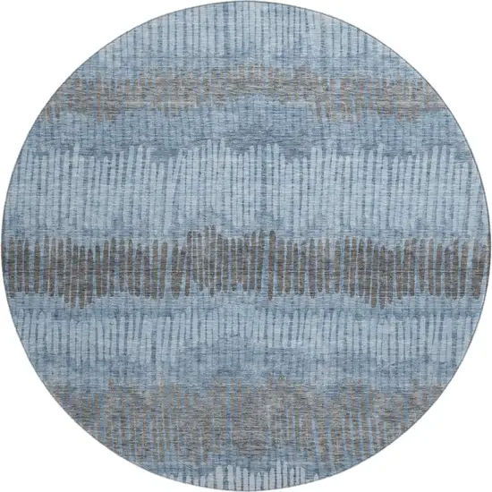 8' Blue Ivory And Gray Striped Washable Round Rug With UV Protection Photo 1