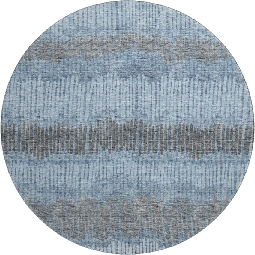8' Blue Ivory And Gray Striped Washable Round Rug With UV Protection Photo 1