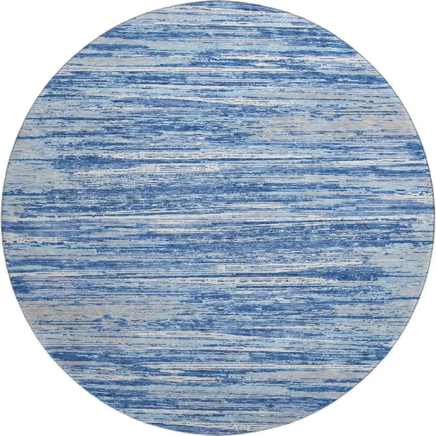 8' Blue Ivory And Gray Striped Washable Round Rug With UV Protection Photo 1