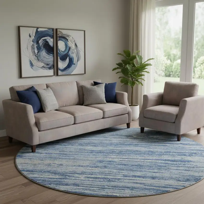 8' Blue Ivory And Gray Striped Washable Round Rug With UV Protection Photo 1