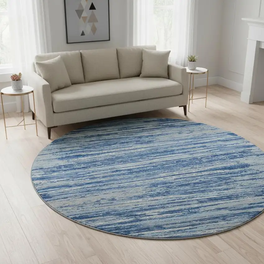 8' Blue Ivory And Gray Striped Washable Round Rug With UV Protection Photo 2