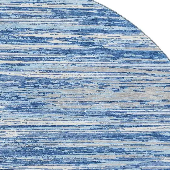 8' Blue Ivory And Gray Striped Washable Round Rug With UV Protection Photo 3