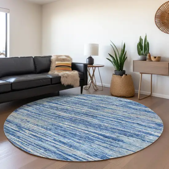 8' Blue Ivory And Gray Striped Washable Round Rug With UV Protection Photo 5