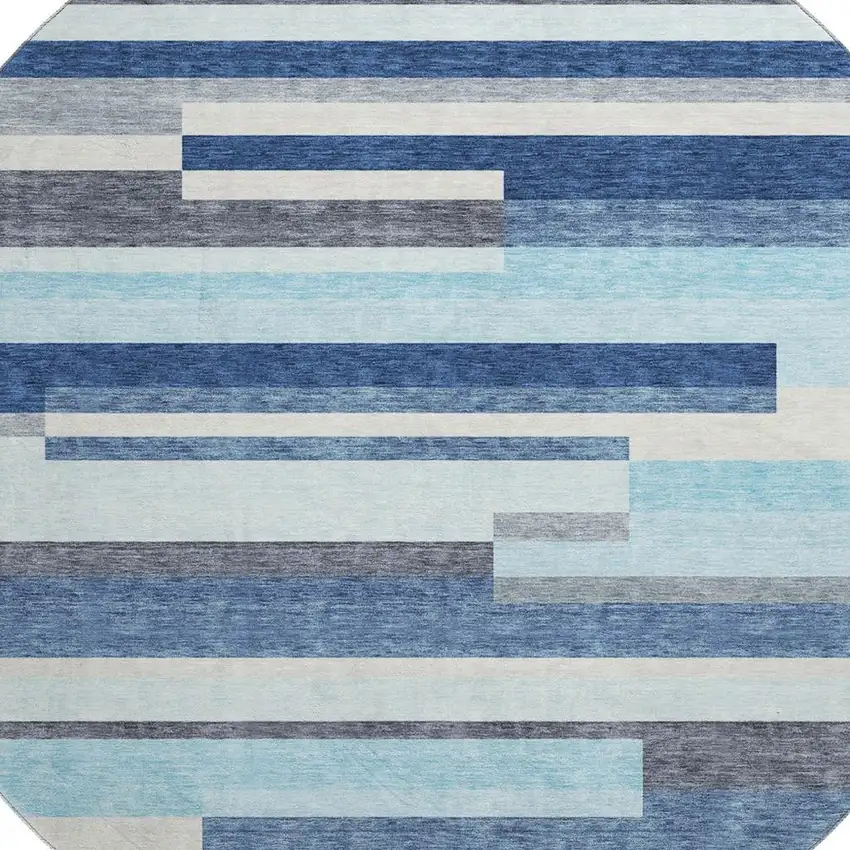 8' Blue Ivory And Gray Striped Washable Round Rug With UV Protection Photo 2