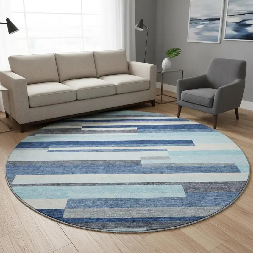 8' Blue Ivory And Gray Striped Washable Round Rug With UV Protection Photo 2
