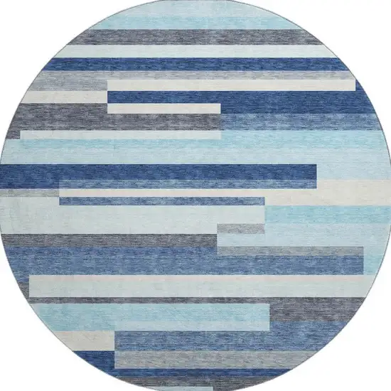8' Blue Ivory And Gray Striped Washable Round Rug With UV Protection Photo 3