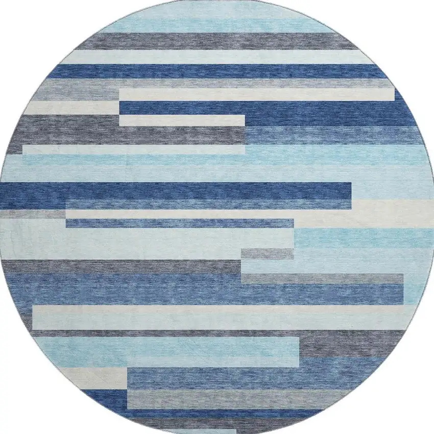 8' Blue Ivory And Gray Striped Washable Round Rug With UV Protection Photo 3