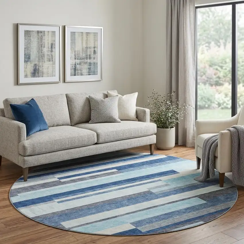 8' Blue Ivory And Gray Striped Washable Round Rug With UV Protection Photo 1