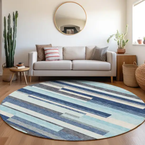 8' Blue Ivory And Gray Striped Washable Round Rug With UV Protection Photo 4