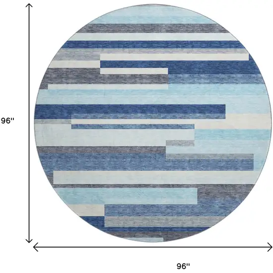 8' Blue Ivory And Gray Striped Washable Round Rug With UV Protection Photo 9