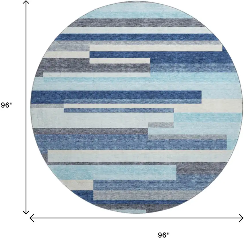 8' Blue Ivory And Gray Striped Washable Round Rug With UV Protection Photo 9