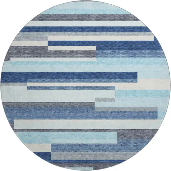 8' Blue Ivory And Gray Striped Washable Round Rug With UV Protection Photo 1