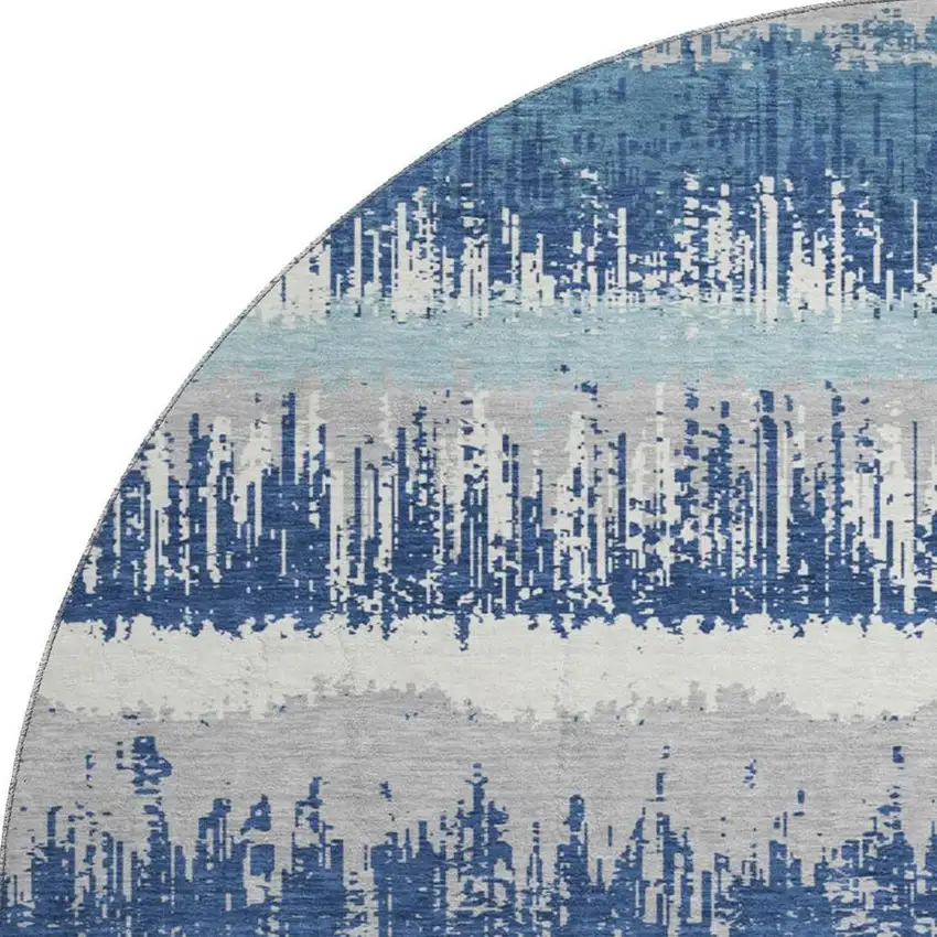 8' Blue Ivory And Gray Striped Washable Round Rug With UV Protection Photo 3