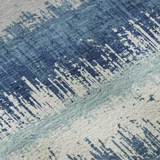 8' Blue Ivory And Gray Striped Washable Round Rug With UV Protection Photo 8