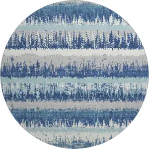 Photo of 8' Blue Ivory And Gray Striped Washable Round Rug With UV Protection