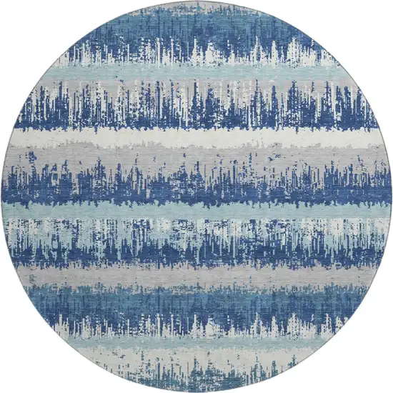 8' Blue Ivory And Gray Striped Washable Round Rug With UV Protection Photo 1