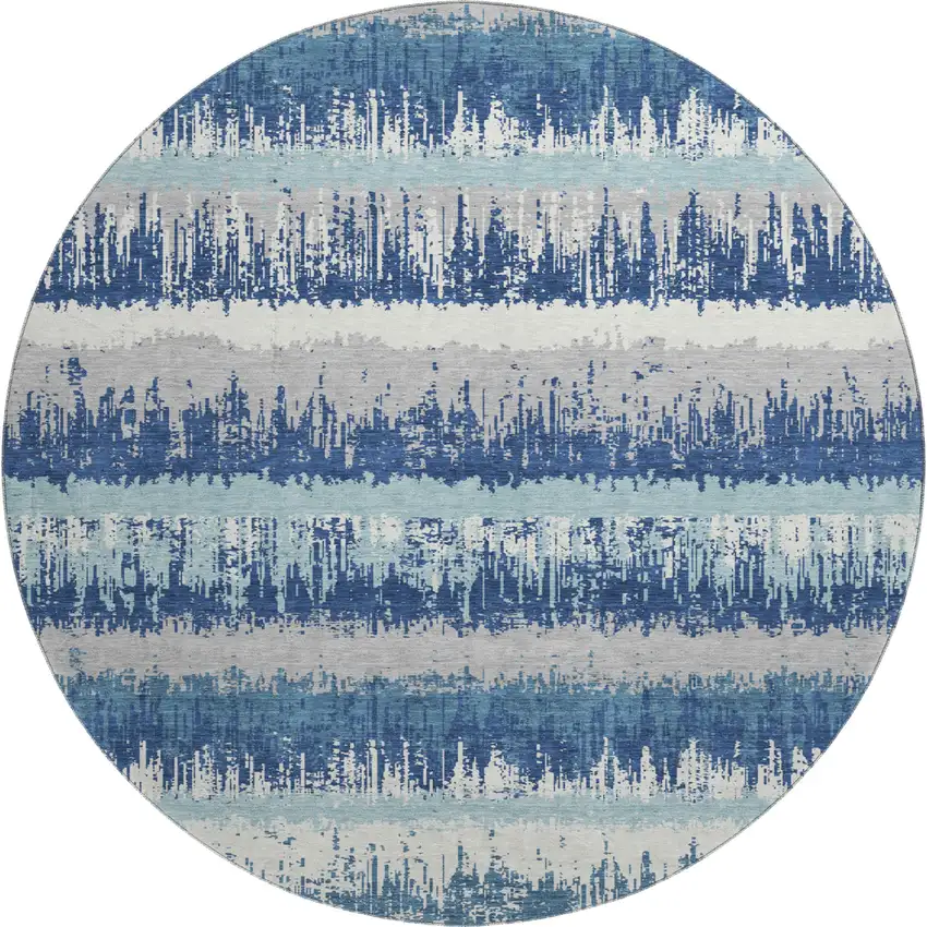 8' Blue Ivory And Gray Striped Washable Round Rug With UV Protection Photo 1